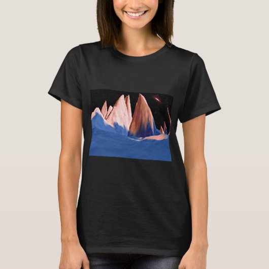 不思議な色の遠くの月とギザギザの山々 Tシャツ (正面)