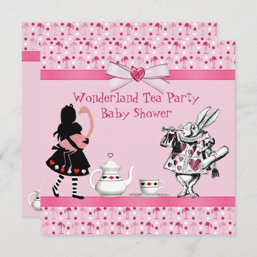 不思議の国のお茶会のピンクのフラミンゴのベビーシャワー 招待状 (正面/裏面)