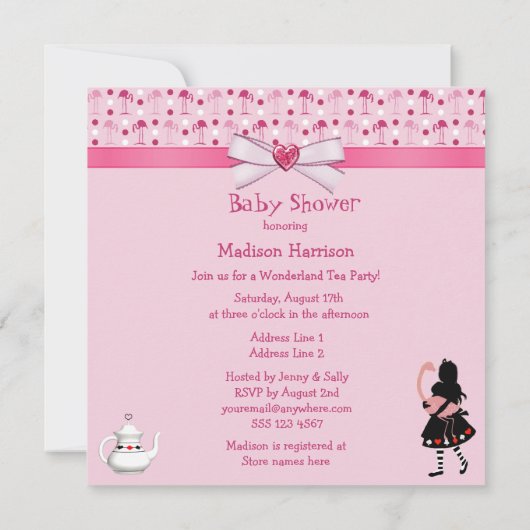 不思議の国のお茶会のピンクのフラミンゴのベビーシャワー 招待状 (裏面)