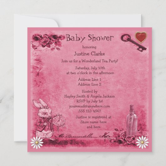 不思議の国のお茶会のベビーシャワーのピンクのアリス 招待状 (裏面)