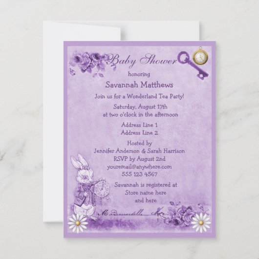 不思議の国のお茶会のベビーシャワーのラベンダーアリス 招待状 (裏面)