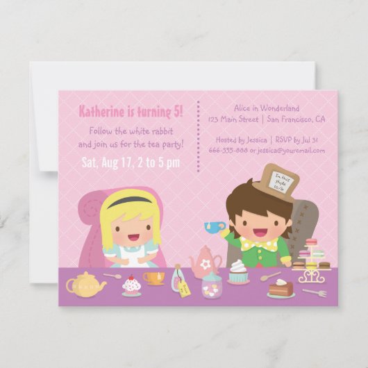 不思議の国のお茶会の誕生会のかわいいアリス 招待状 (正面)