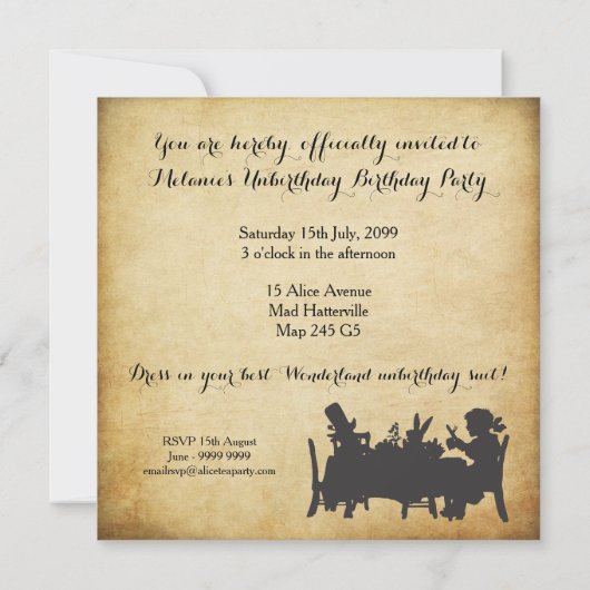 不思議の国のお茶会の誕生日のヴィンテージアリス 招待状 (裏面)