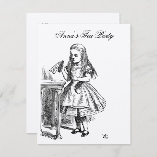 不思議の国のお茶会の誕生日の金ゴールドアリス 招待状 (正面/裏面)