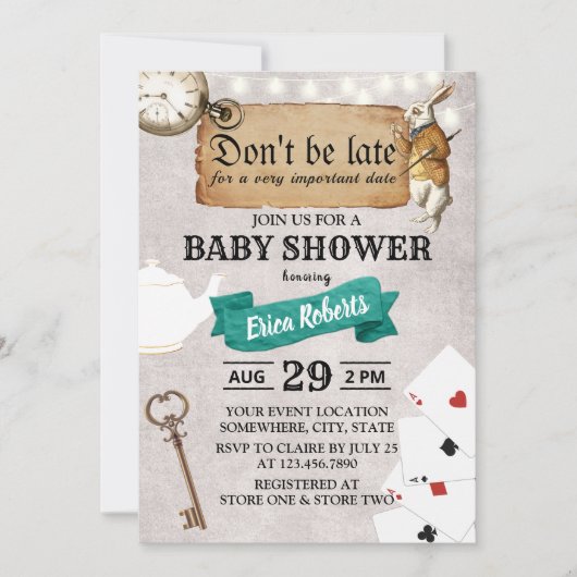 不思議の国のアリスかわいい赤ちゃんシャワーが遅れないこと 招待状 (正面)