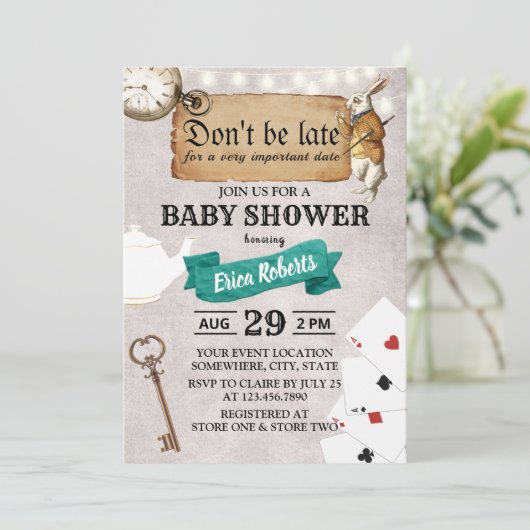 不思議の国のアリスかわいい赤ちゃんシャワーが遅れないこと 招待状 (スタンド正面)