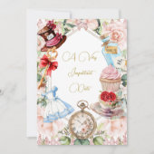 不思議の国のアリスのピンクの花のベビーシャワー 招待状 (正面)