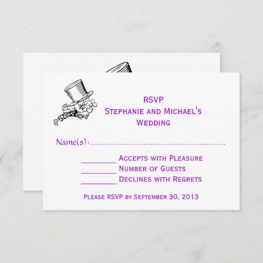 不思議の国のアリスのマッドハッター ウェディング RSVP パープル (正面/裏面)