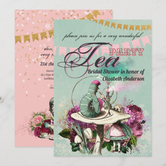 不思議の国のアリスのマッドハッター ヴィンテージ ティーパーティー ブライダルシャワー 招待状 (正面/裏面)