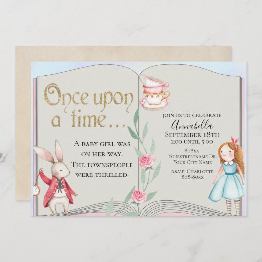 不思議の国のアリスの絵本の水彩画 招待状 (正面/裏面)