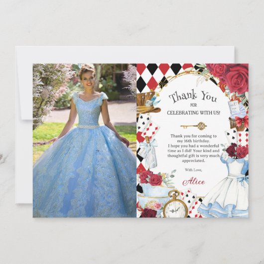 不思議の国のアリスの薔薇の誕生日ティーパーティーの写真 サンキューカード (正面)