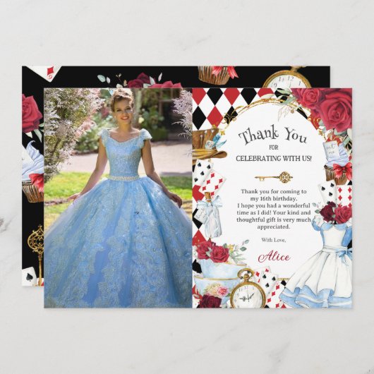 不思議の国のアリスの薔薇の誕生日ティーパーティーの写真 サンキューカード (正面/裏面)