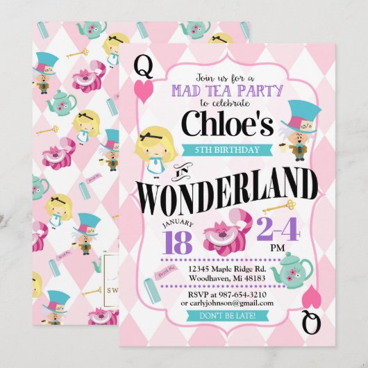 不思議の国のアリスの誕生日招待状 招待状 (正面/裏面)