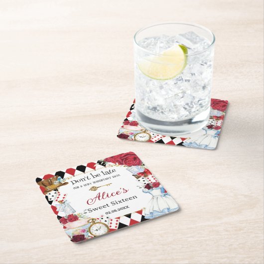不思議の国のアリスの赤い花の誕生日ティーパーティー スクエアペーパーコースター (インサイチュ)