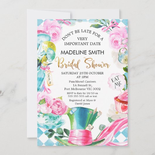 不思議の国のアリスは遅れてはいけないブライダルシャワー 招待状 (正面)