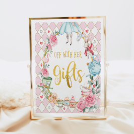 不思議の国のアリスは、贈り物の看板を持ってオフ ポスター