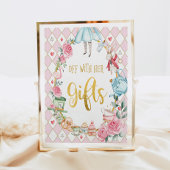 不思議の国のアリスは、贈り物の看板を持ってオフ ポスター