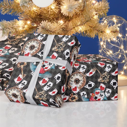 不思議の国のアリスコラージュのクリスマスギフト ラッピングペーパー (クリスマス)