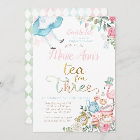 不思議の国のアリス三歳の誕生日のお茶 招待状 (正面/裏面)