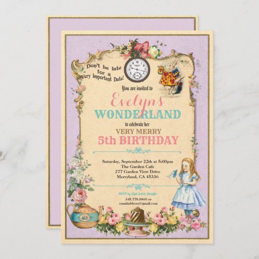 不思議の国のアリス誕生日の呼び出し紫 招待状 (正面/裏面)