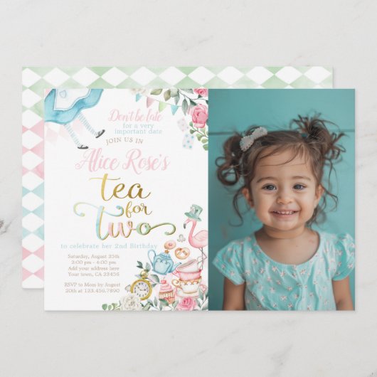 不思議の国のアリス、お茶で2歳の誕生日 招待状 (正面/裏面)