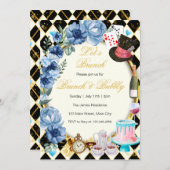 不思議の国のアリス ブルー 花柄 ブランチ 招待状 (正面/裏面)