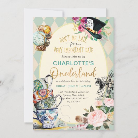 不思議の国のアリス マッドティー 1歳の誕生日パーティー 招待状 (正面)