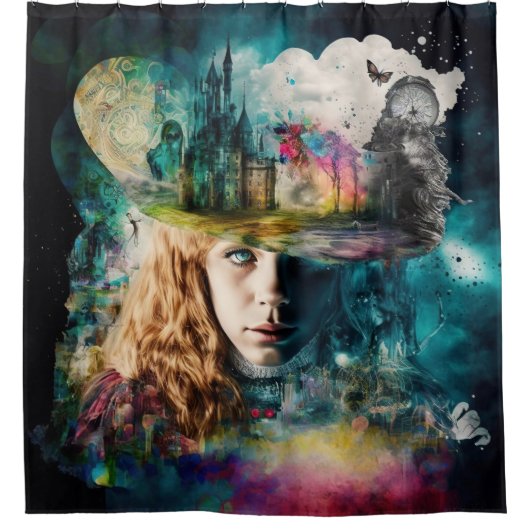 不思議の国のアリス |時計と街のスカイライン シャワーカーテン (正面)