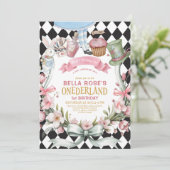 不思議の国のアリス 花フレーム 1歳の誕生日 招待状 (スタンド正面)