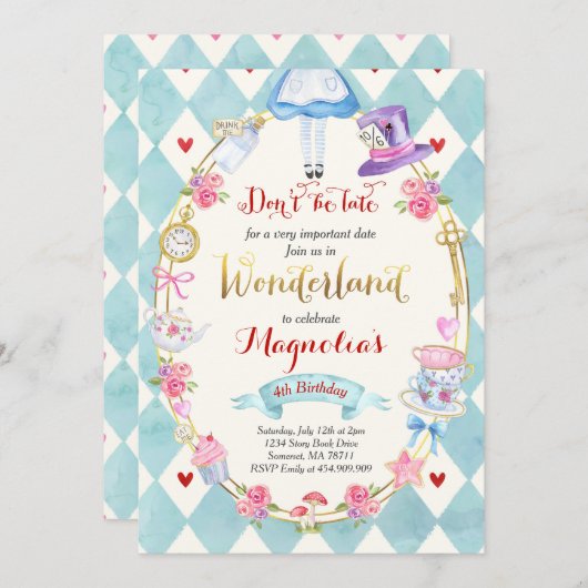 不思議の国のアリス　誕生日パーティーのご招待　紅茶の時間 招待状 (正面/裏面)