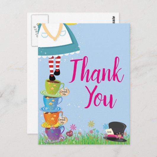 不思議の国のアリス 誕生日パーティー 感謝のメモ ポストカード (正面/裏面)