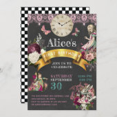 不思議の国のアリス 黒板 モダン 誕生日 招待状 (正面/裏面)