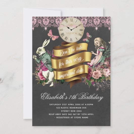 不思議の国のアリス 黒板 誕生日 招待状 (正面)