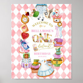 不思議の国のアリス 1歳の誕生日 ピンクのウェルカム ポスター
