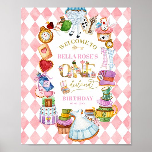 不思議の国のアリス 1歳の誕生日 ピンクのウェルカム ポスター (正面)