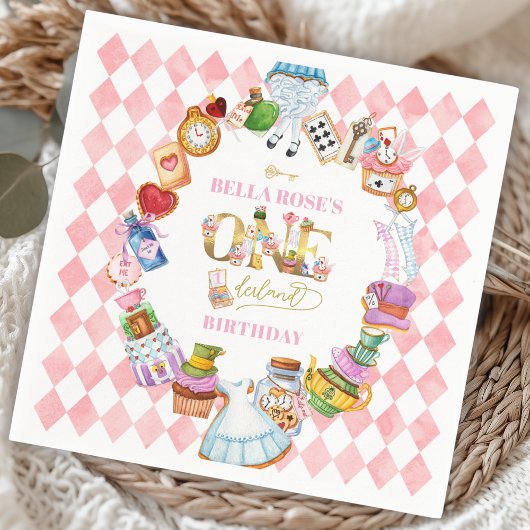 不思議の国のアリス 1歳の誕生日 ピンク スタンダードカクテルナプキン