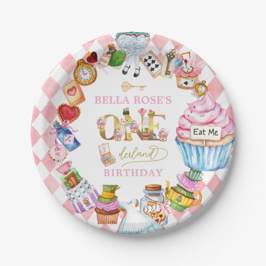 不思議の国のアリス 1歳の誕生日 ピンク ペーパープレート (正面)