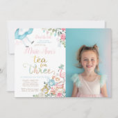 不思議の国のアリス、3人のためのティーパーティー 3歳の誕生日 招待状 (正面)