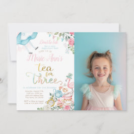 不思議の国のアリス、3人のためのティーパーティー 3歳の誕生日 招待状