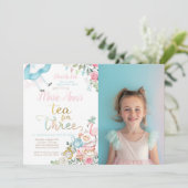 不思議の国のアリス、3人のためのティーパーティー 3歳の誕生日 招待状 (スタンド正面)