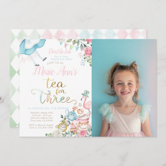 不思議の国のアリス、3人のためのティーパーティー 3歳の誕生日 招待状 (正面/裏面)