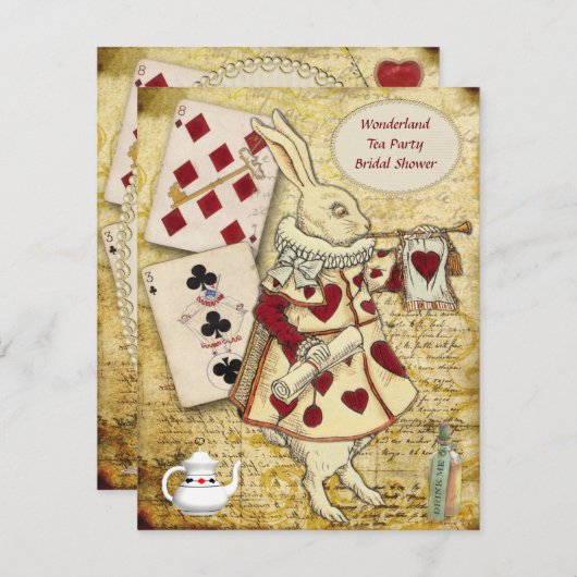 不思議の国のウサギのブライダルシャワーのヴィンテージアリス 招待状 (正面/裏面)