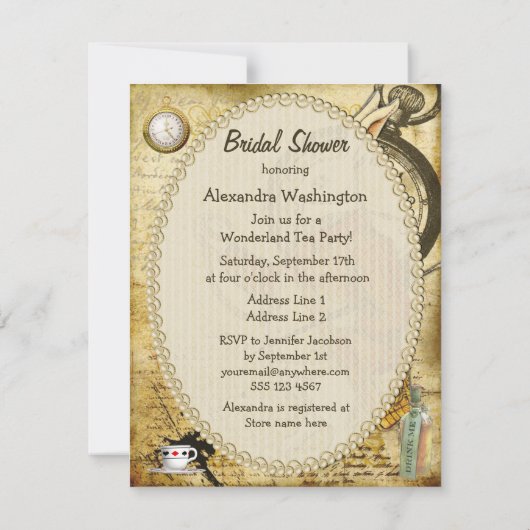 不思議の国のウサギのブライダルシャワーのヴィンテージアリス 招待状 (裏面)