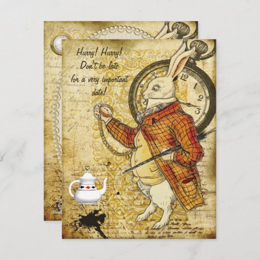 不思議の国のウサギのブライダルシャワーのヴィンテージアリス 招待状 (正面/裏面)