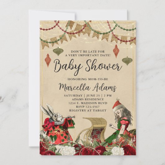 不思議の国のクリスマスベビーシャワーのアリス 招待状 (正面)