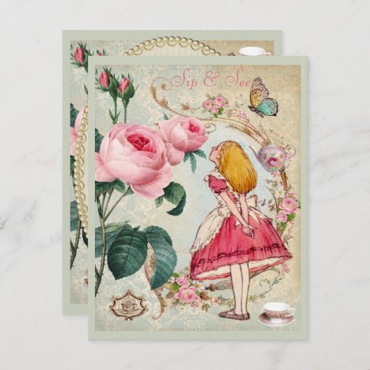 不思議の国のコラージュの一口のお洒落なアリスは及び見ます 招待状 (正面/裏面)