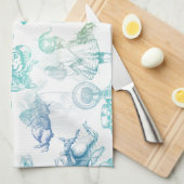 不思議の国のティータイムの青緑の白タオルのアリス キッチンタオル (四つ折り)