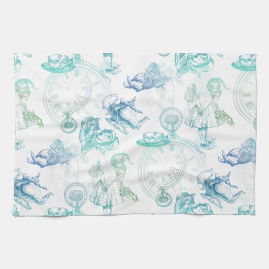 不思議の国のティータイムの青緑の白タオルのアリス キッチンタオル (横)