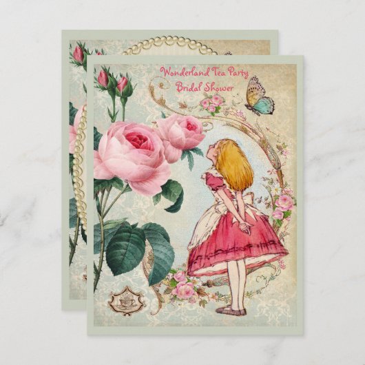 不思議の国のバラのコラージュのブライダルシャワーのアリス 招待状 (正面/裏面)