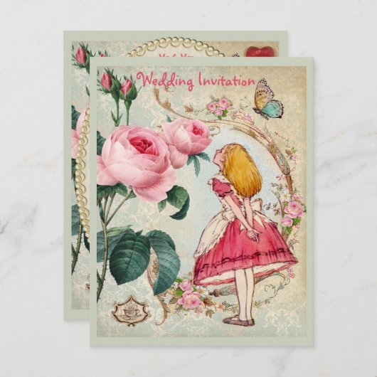 不思議の国のバラのコラージュの結婚式の招待のアリス 招待状 (正面/裏面)